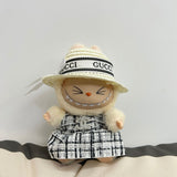 Silver Gucci-style Labubu doll outfit and hat set for 17cm dolls