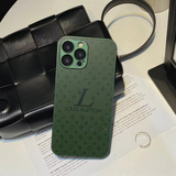 Green LV inspired frosted glass phone case with camera cover minimalist aesthetic statement piece for iPhone 15