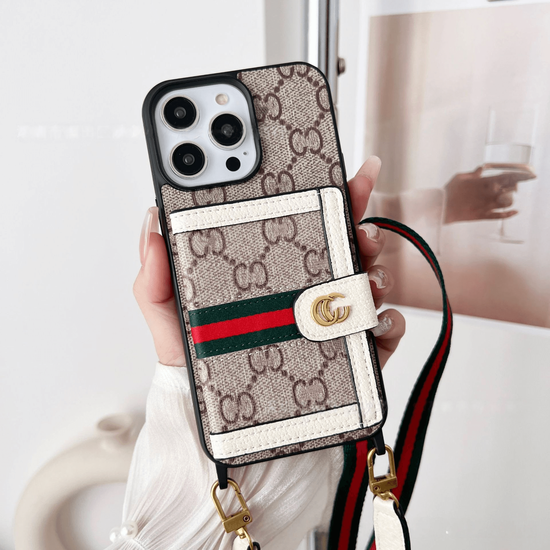 Cream GG Pattern Phone Case with Strap & Card Holder LX064 | Luxury Crossbody for iPhone - yTagCase