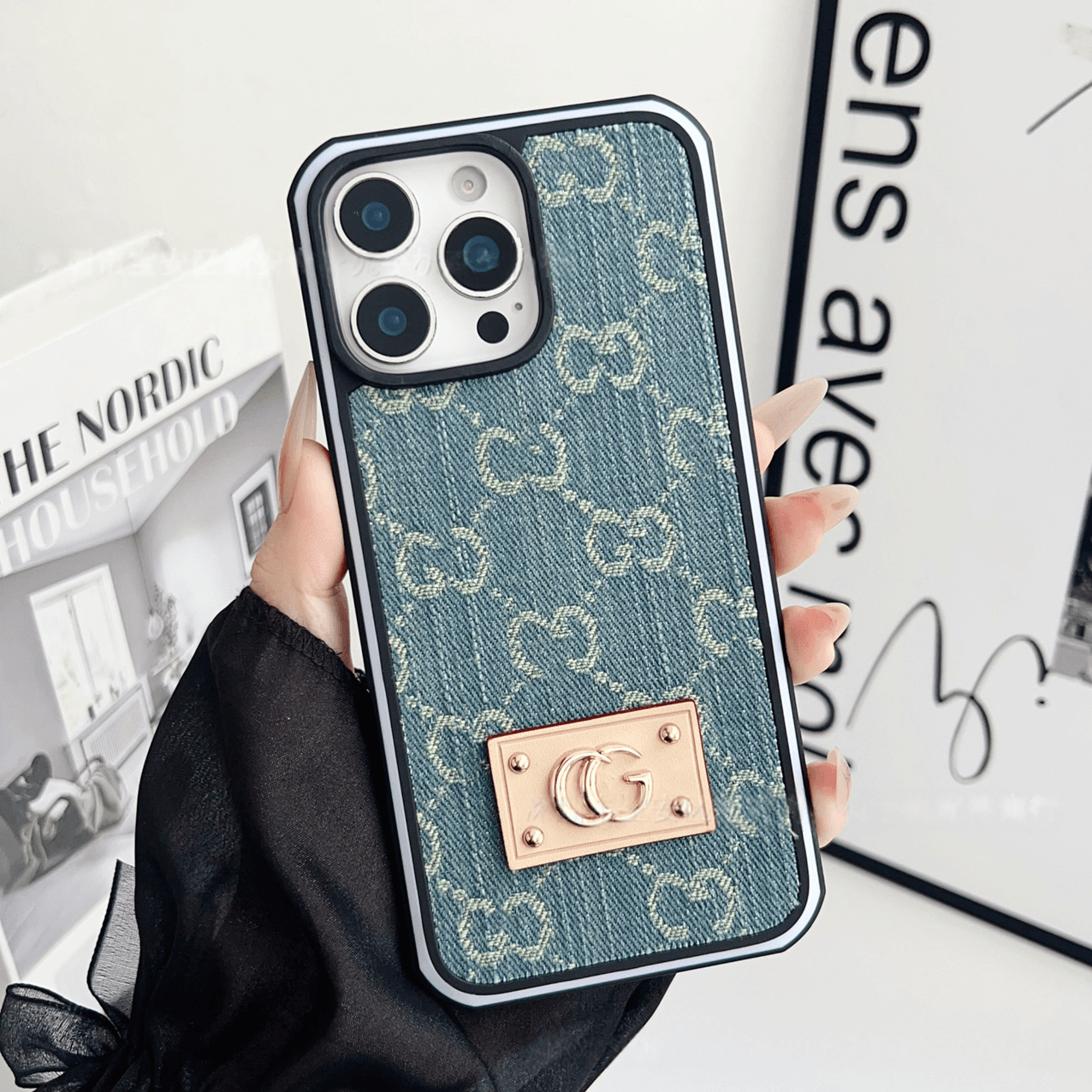 Light Blue GG Denim Luxury Phone Case for iPhone 16 Pro Max LX103 - yTagCase