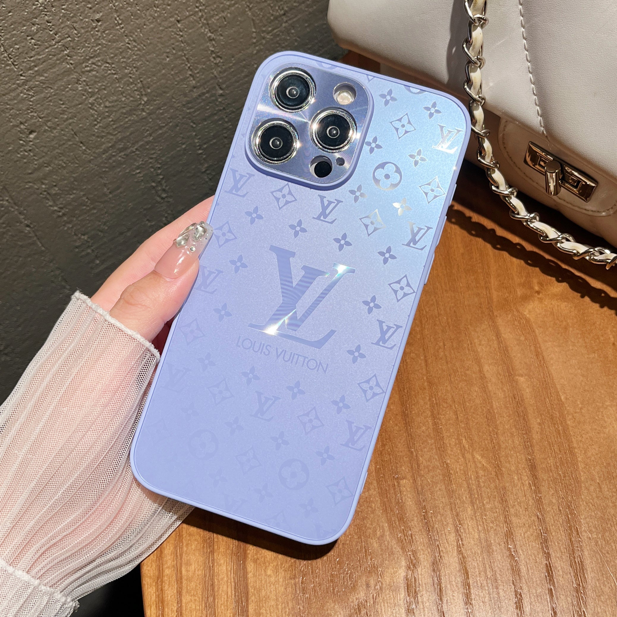 Sky Blue LV Inspired Frosted Glass Phone Case with scratch-resistant finish and camera cover for lens protection, boho aesthetic