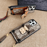 Brown GG Jacquard Crossbody Phone Case with Wallet & Strap LX107 for iPhone 16 Pro Max - yTagCase