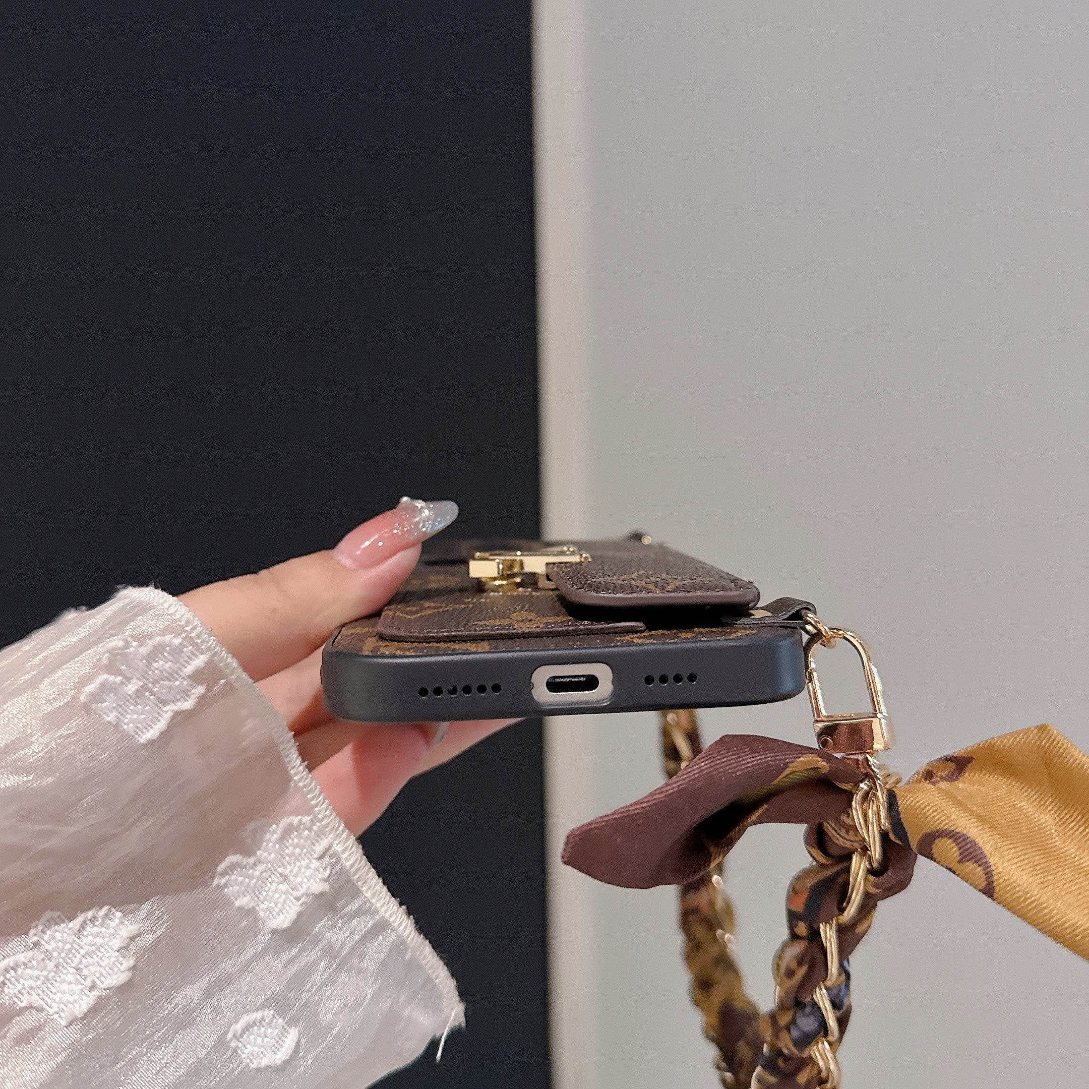 Brown Monogram LV Crossbody Phone Case with Card Holder & Adjustable Strap for iPhone 16 Pro Max LX095 - yTagCase