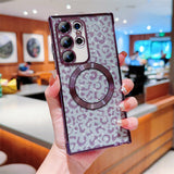 Samsung S24 Ultra Phone Case with cheetah print and embedded glitter, featuring secure magnetic hold for accessories.