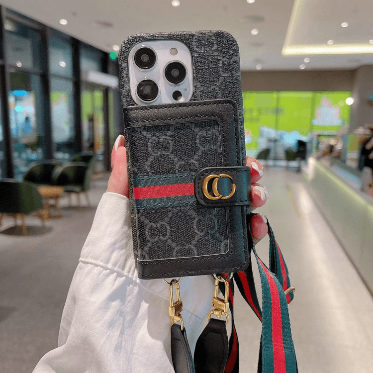 Black GG Element Crossbody Phone Case with Card Holder LX067 for iPhone 16 Pro Max - yTagCase