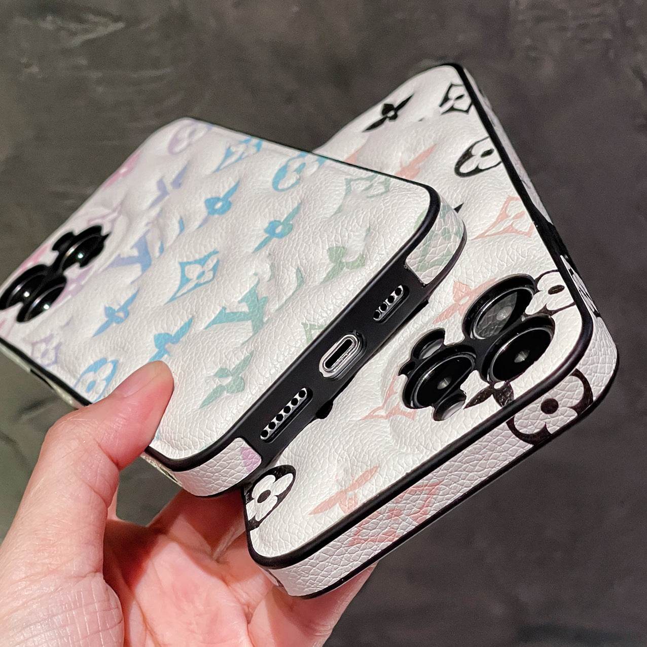 White LV Inspired Phone Case with Blue Floral Pattern | Luxury iPhone 16 Pro Max Case | LX042 - yTagCase