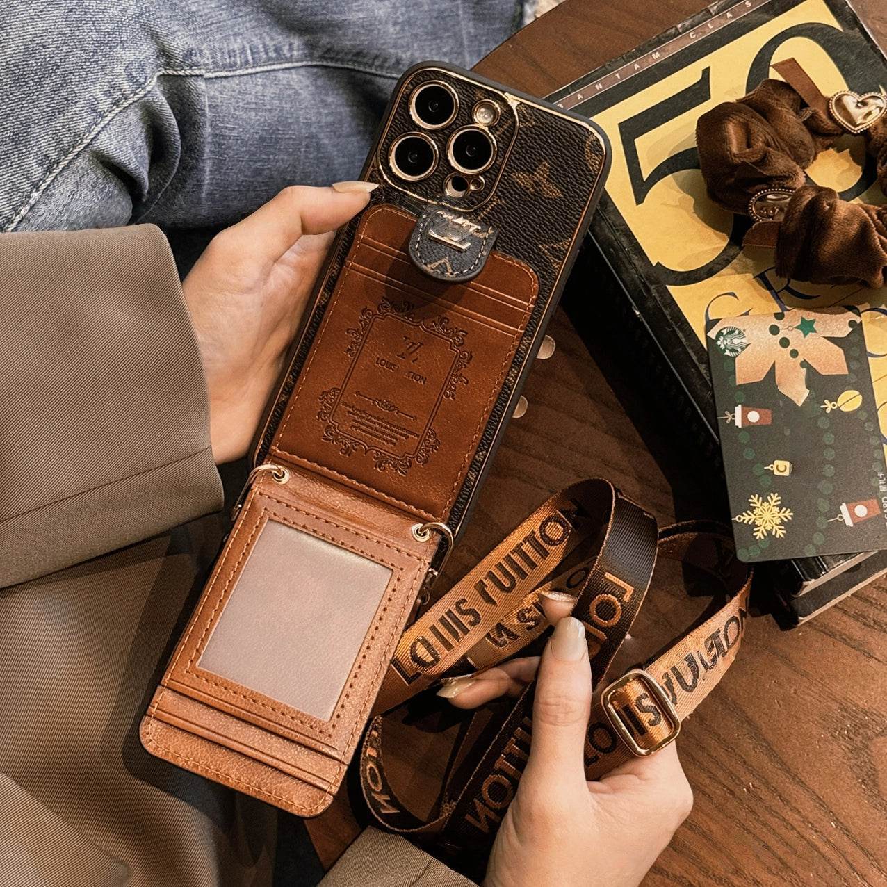 Brown LV-inspired Wallet Phone Case with Crossbody Strap & Card Holder | LX022 - yTagCase