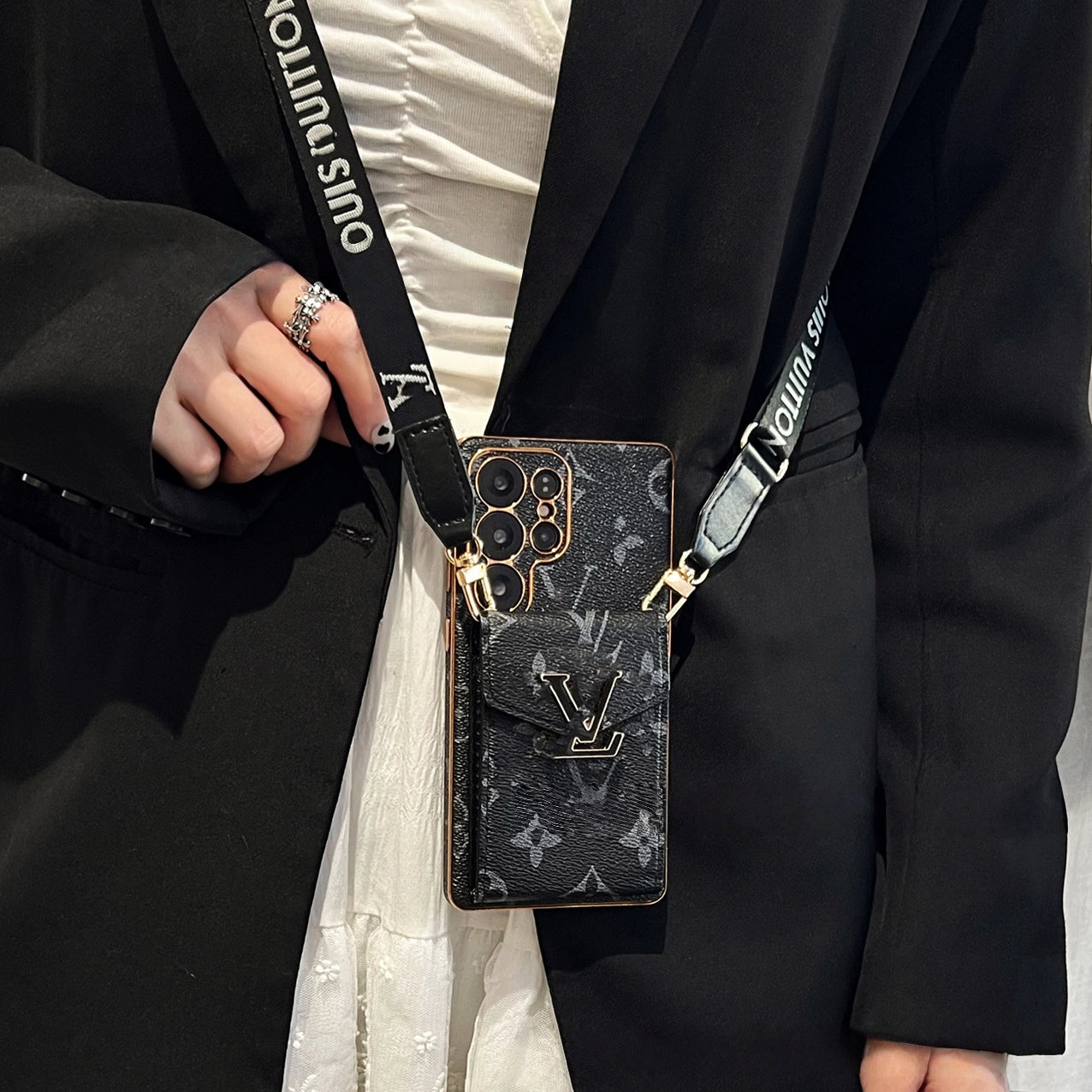 Black LV Element Crossbody Wallet Phone Case for Samsung with built-in card holder and retro LV design for a sophisticated statement piece