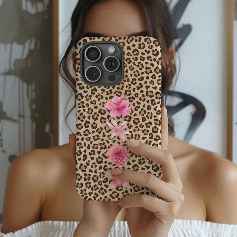 Pink Floral Cheetah Print Phone Case - Fashionable Tiger Lily Design for iPhone 14 Plus & Samsung S24 Ultra LP34 - yTagCase