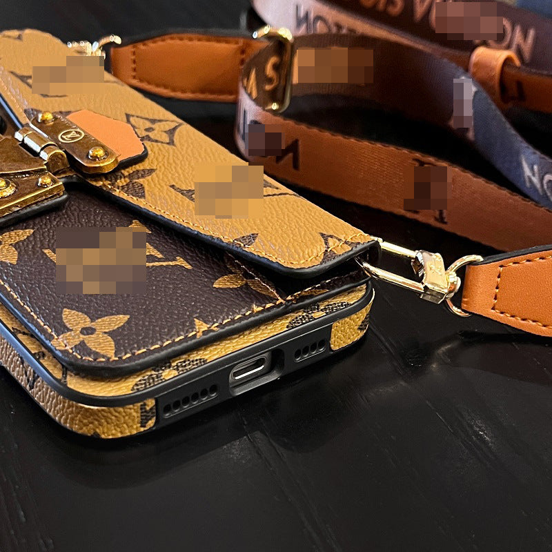 LV-inspired wallet phone case with crossbody strap and scratch-resistant design for iPhone hands-free vibe