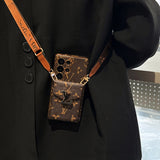 LV inspired crossbody wallet phone case for Samsung with floral design and adjustable strap - fade-resistant matte finish and hands-free solution