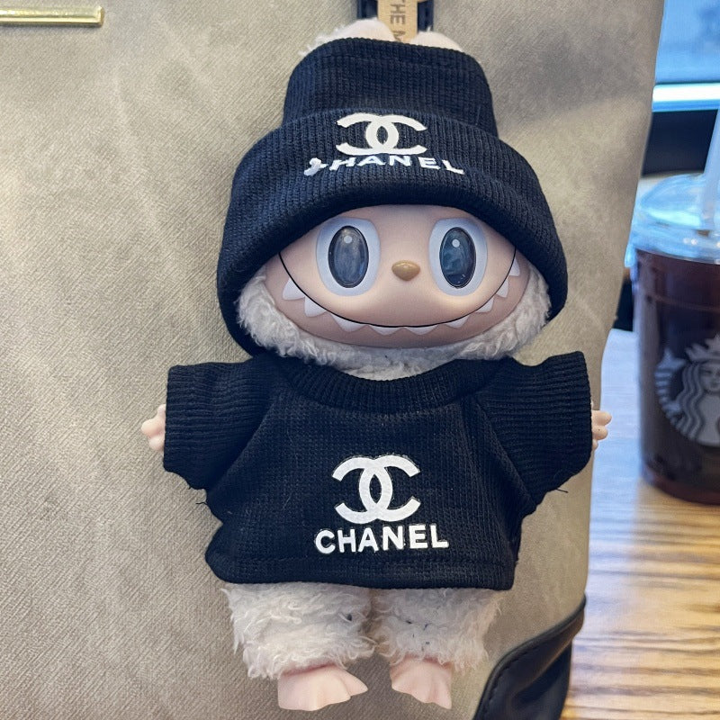 Black Labubu doll clothes set with Chanel-style hat and outfit