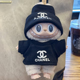 Black Labubu doll clothes set with Chanel-style hat and outfit