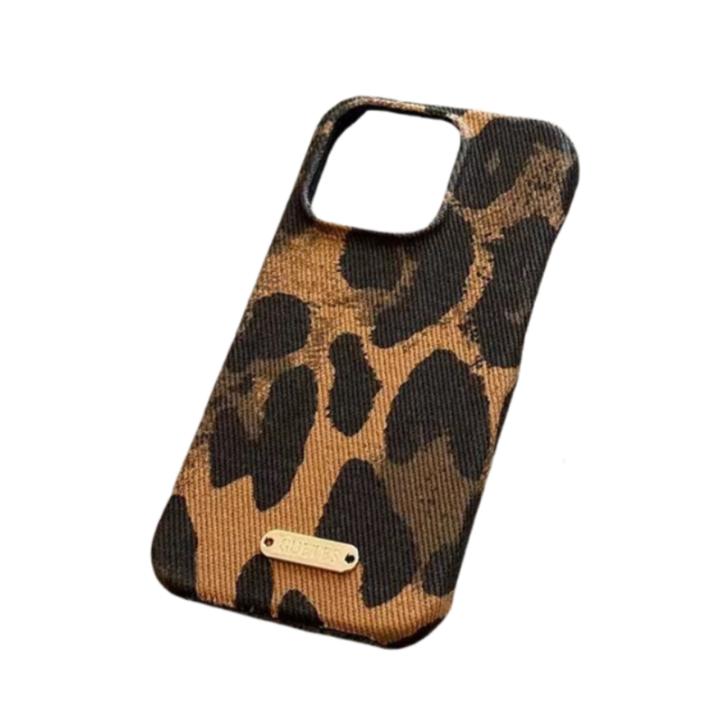 Trendy Cheetah Print Phone Case with Silver Label for iPhone 14 Plus - Bold animal print & luxury silver accent, stylish protective cover