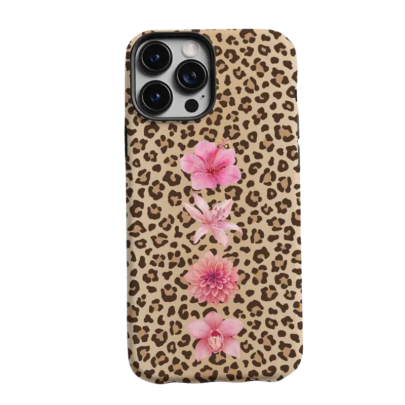 Pink Floral Cheetah Print Phone Case with Tiger Lily Design for iPhone 14 Plus - Unique Floral Cheetah Pattern & Durable TPU Protection