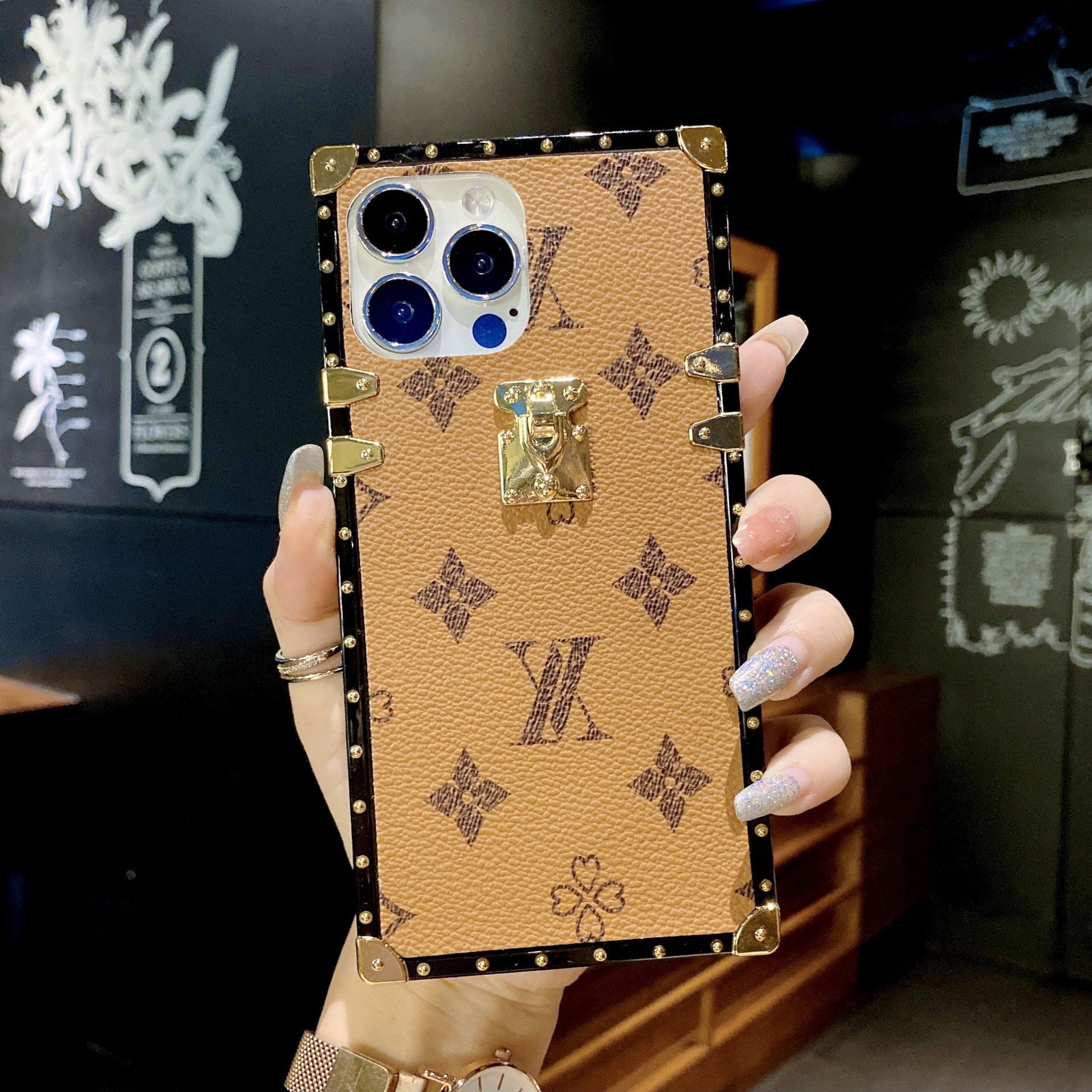 Tan LV Trunk Series Phone Case fade-resistant matte coating with Cottagecore charm hand-finished details for iPhone Samsung